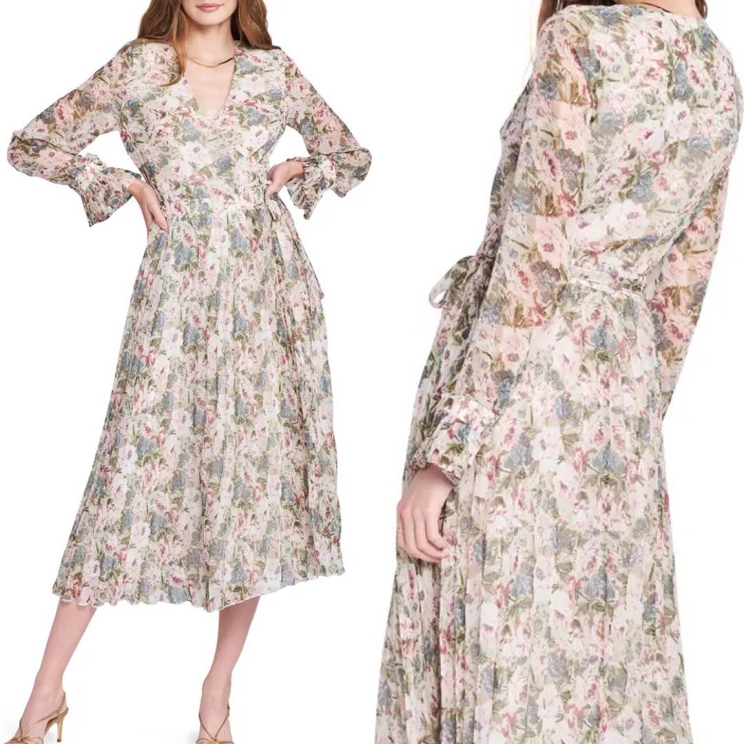 Floral Pleat Long Sleeve Wrap Midi Dress | EN SAISON