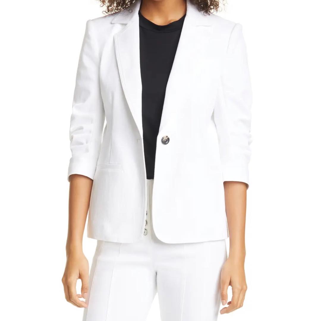 Khloe Ruched Sleeve White Denim Blazer | Cinq A Sept