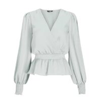 Satin Long Sleeve Faux Wrap Peplum Top | Express