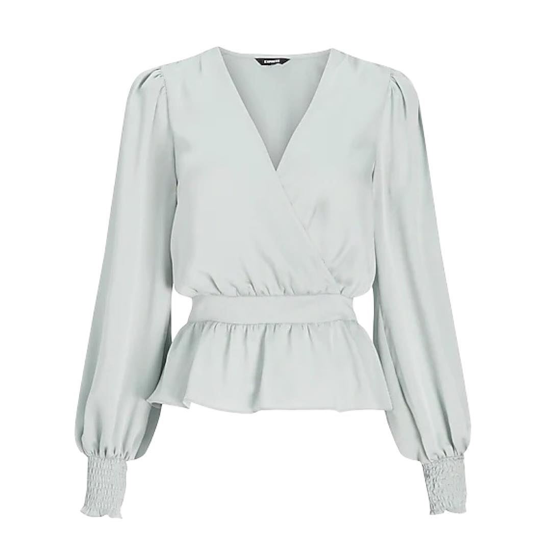 Satin Long Sleeve Faux Wrap Peplum Top | Express