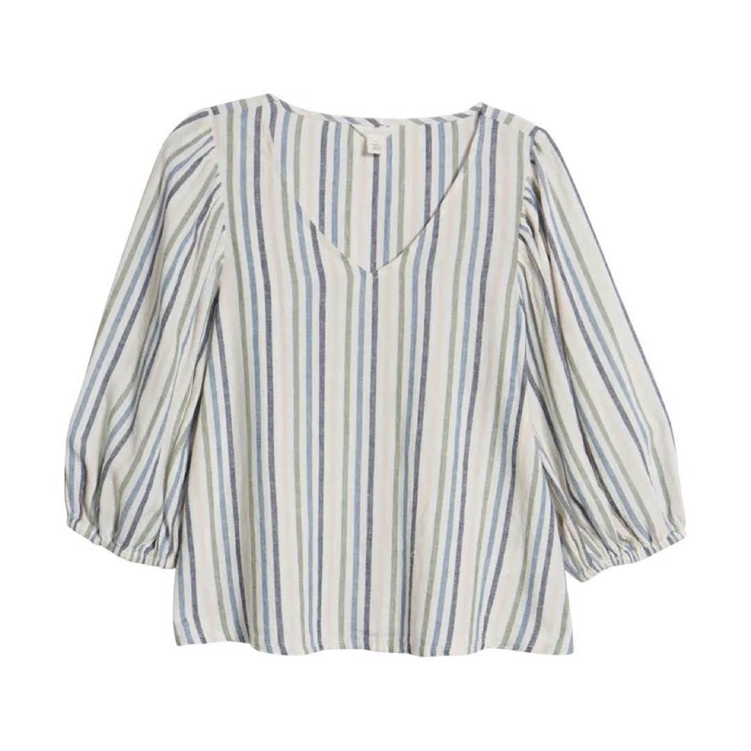 Balloon Sleeve Linen Blend V-Neck Top | Caslon®