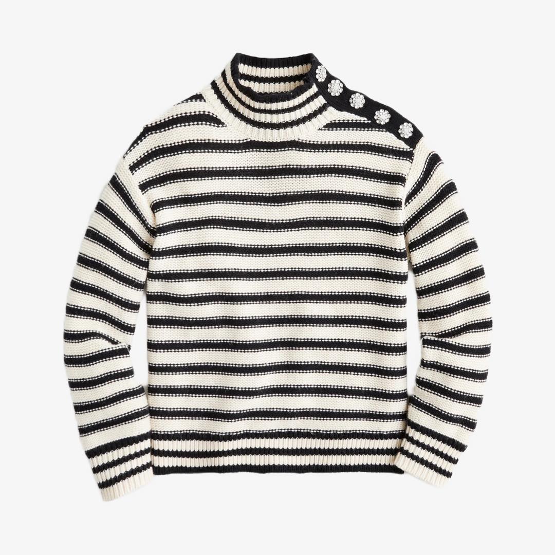 Cable-knit mockneck pullover in stripe with jewel buttons by J.Crew