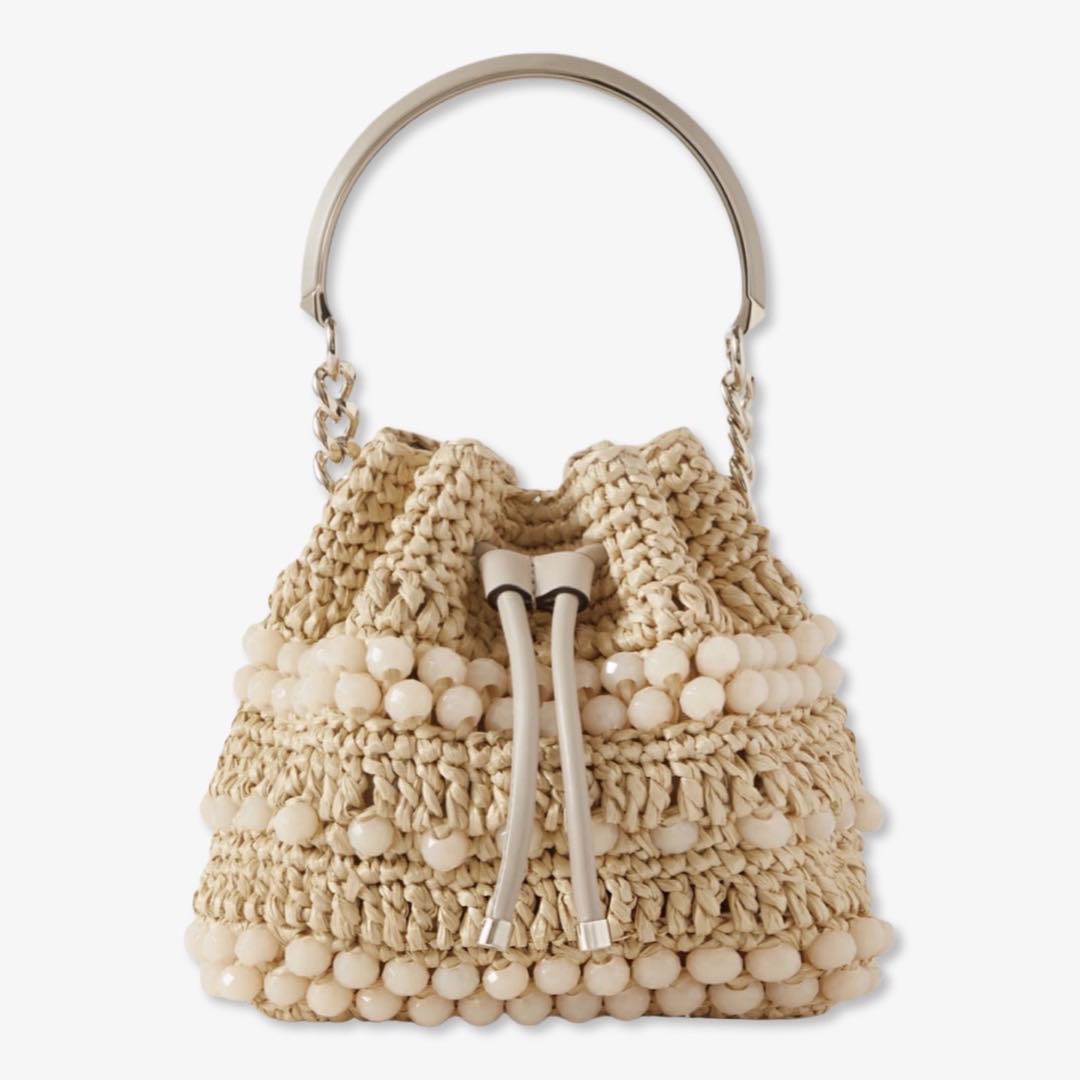 Bon Bon leather-trimmed bead-embellished raffia bucket bag by Jimmy Choo