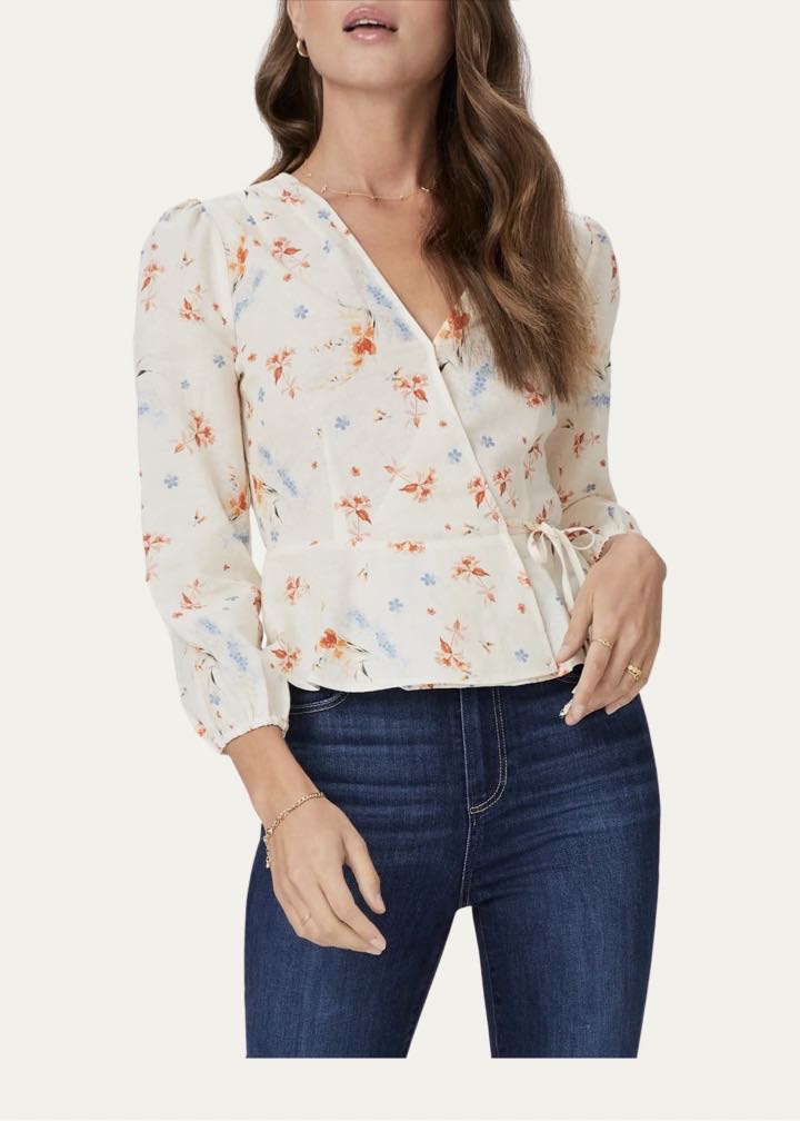 Ninette Orchid Print Linen & Cotton Wrap Blouse by Paige