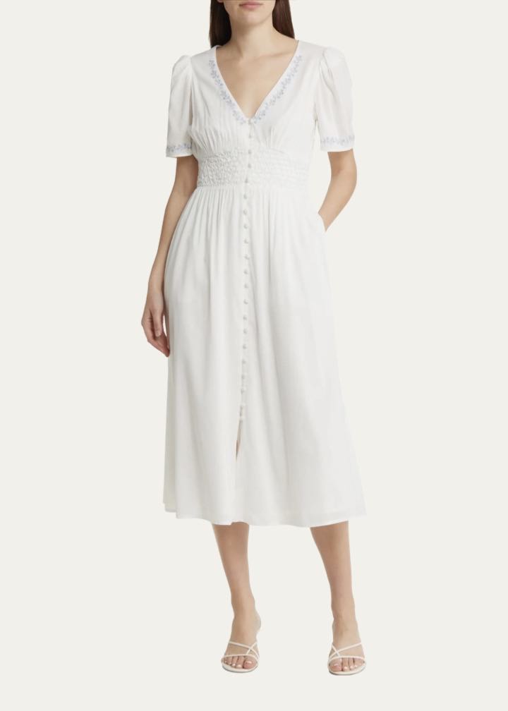 Kamryn Embroidered Smocked Waist Organic Cotton Blend Midi Dress by Reformation