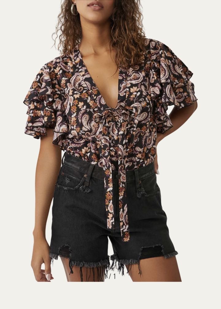 Call Me Later Print Tie Neck Bodysuit by Free People