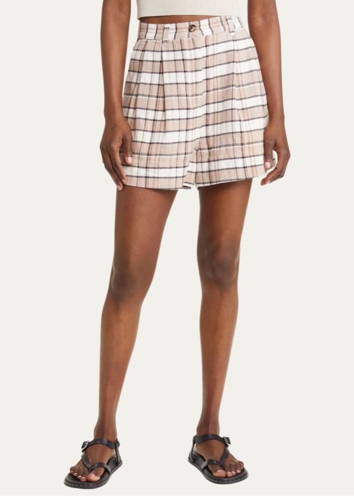 Plaid Pleated Cotton Blend Shorts by Treasure & Bond