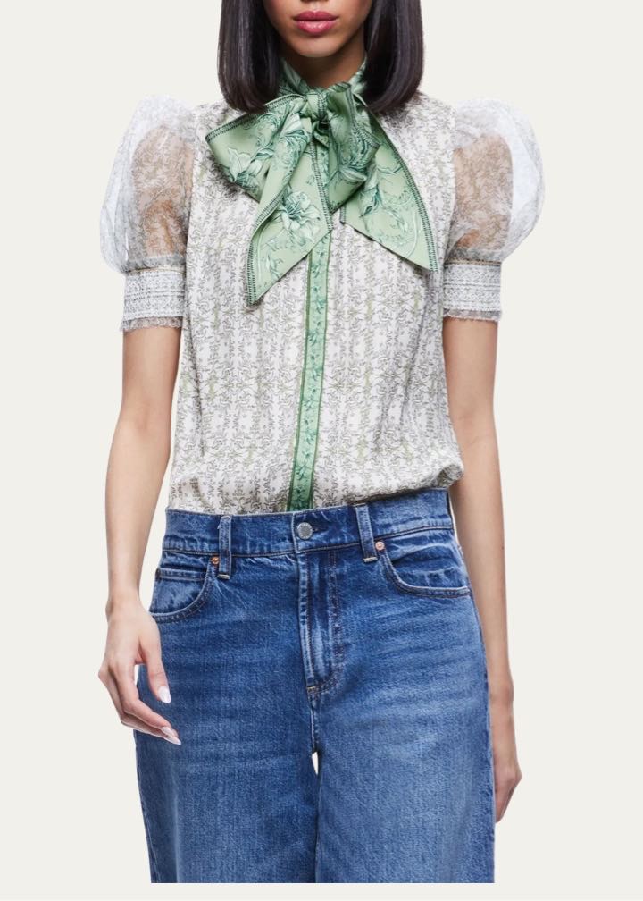 Brentley Tie Neck Puff Sleeve Blouse by Alice + Olivia