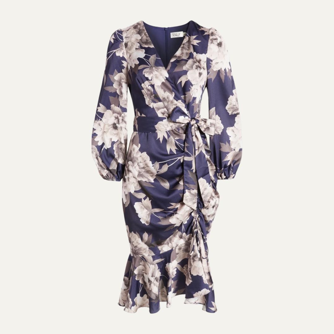 Floral Ruched Long Sleeve Faux Wrap Dress by Eliza J