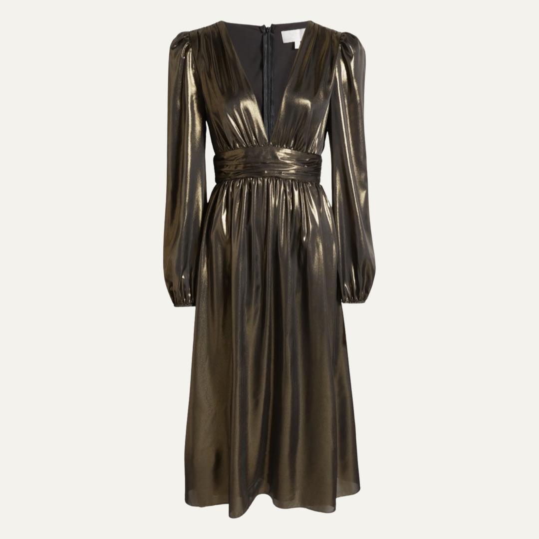 Plunge Neck Long Sleeve Metallic Lamé Dress by WAYF