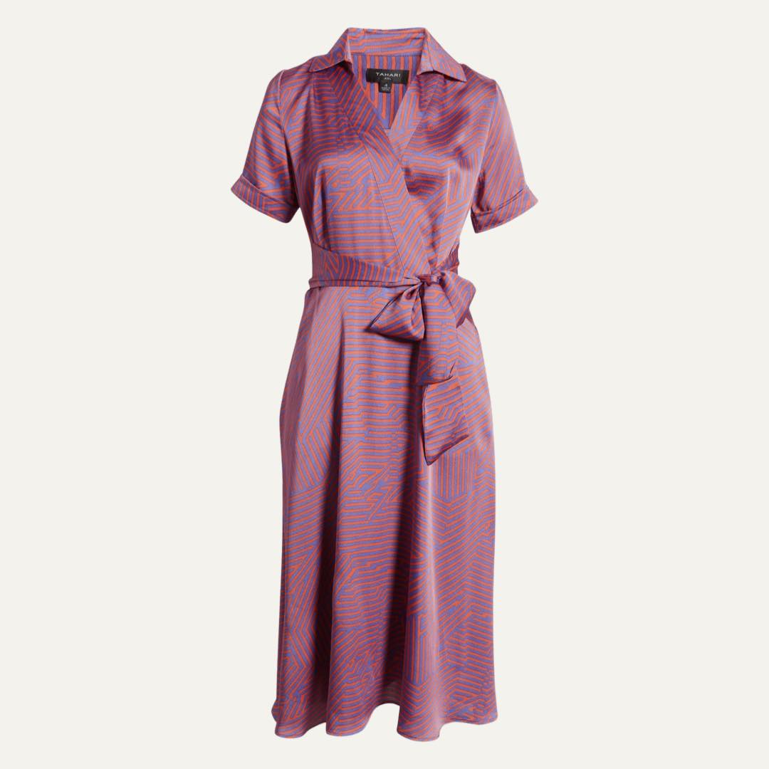 Hammered Satin Faux Wrap Midi Shirtdress by Tahari ASL Hammered Satin Faux Wrap Midi Shirtdress by Tahari ASL