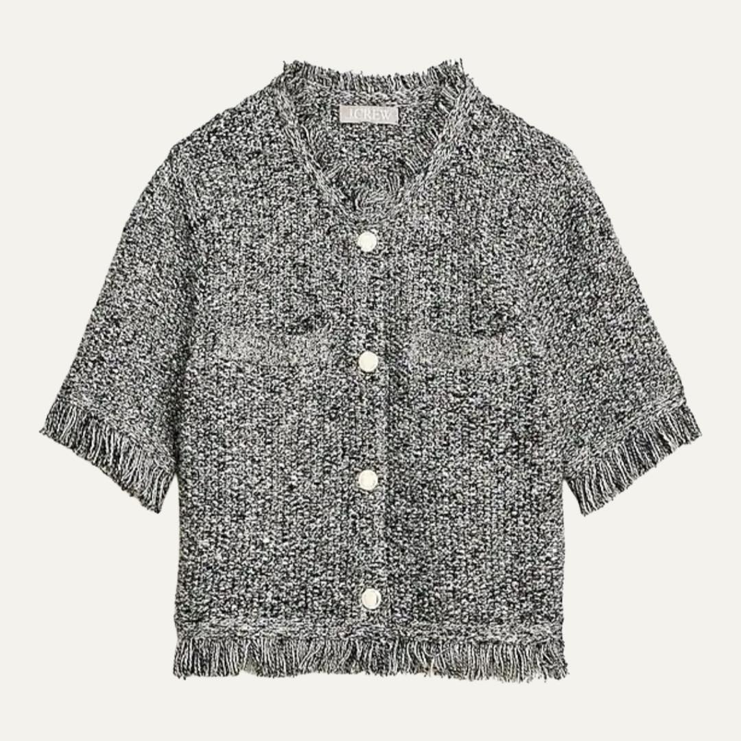 Fringe-trim short-sleeve cropped lady jacket in marled yarn by J.Crew