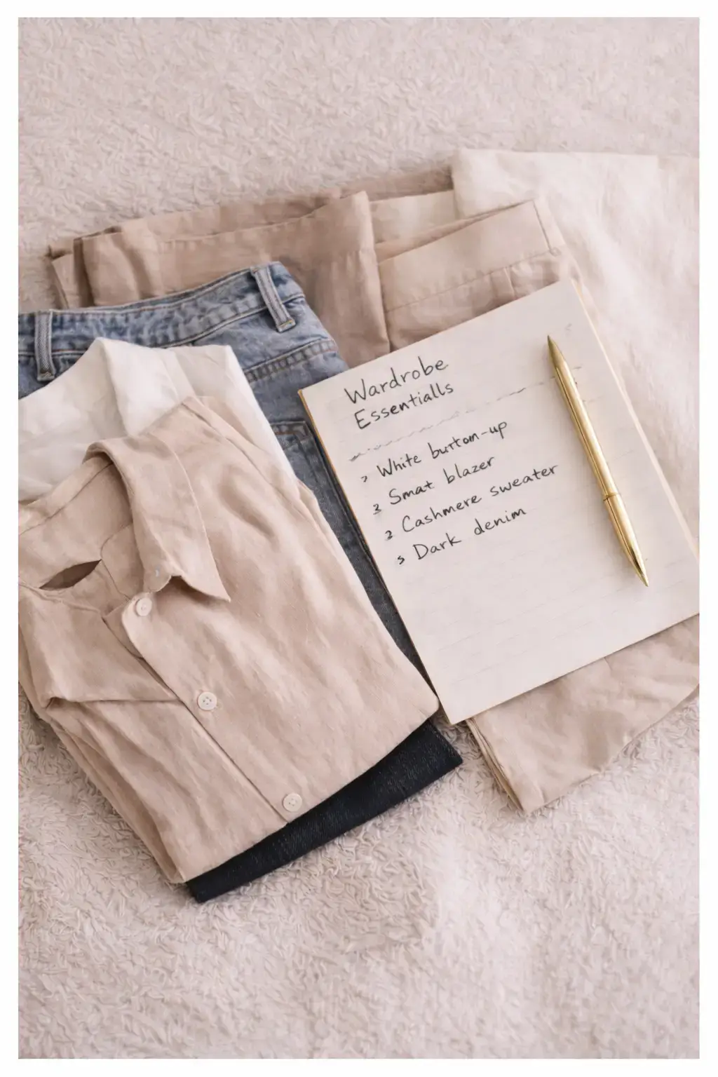 A handwritten "Wardrobe Essentials" checklist on a notepad next to a curated flat lay of neutral-toned clothing.